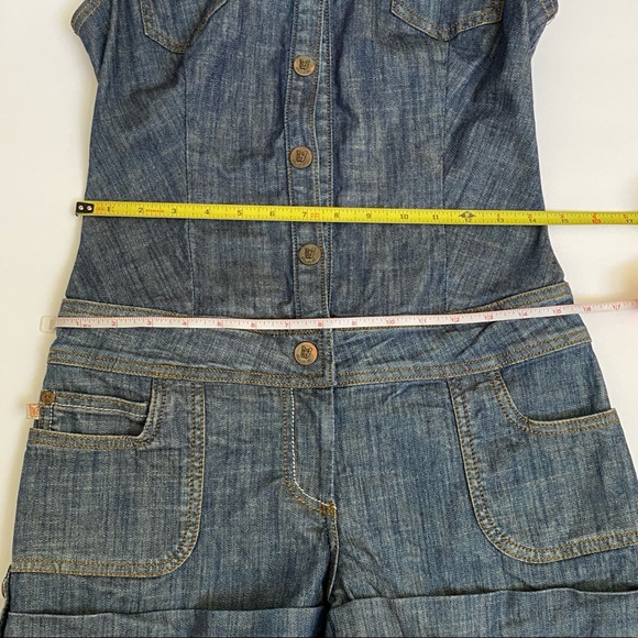 Vintage Frankie B. Blue jean Denim collared button up sleeveless romper Jumpsuit - Picture 11 of 12